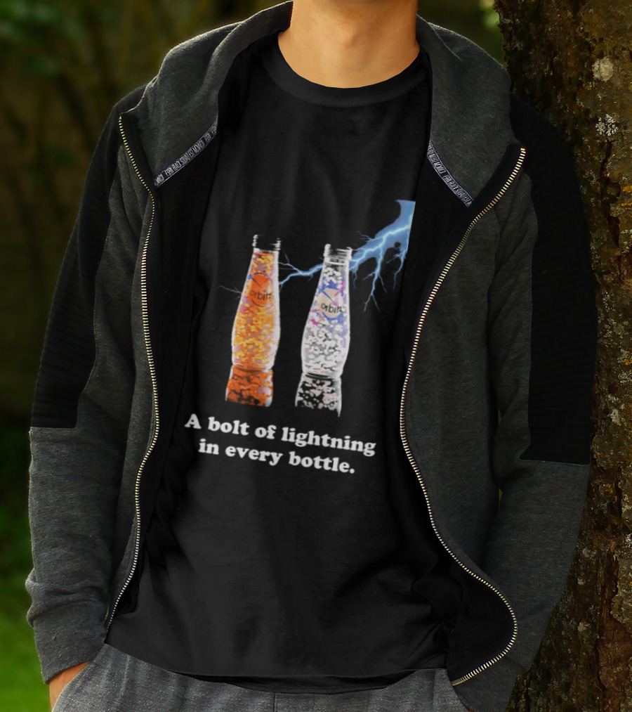 Orbitz A Bolt Of Lightning In Every Bottle Drink Bottles With Lightning Blue And Orange T-Shirt