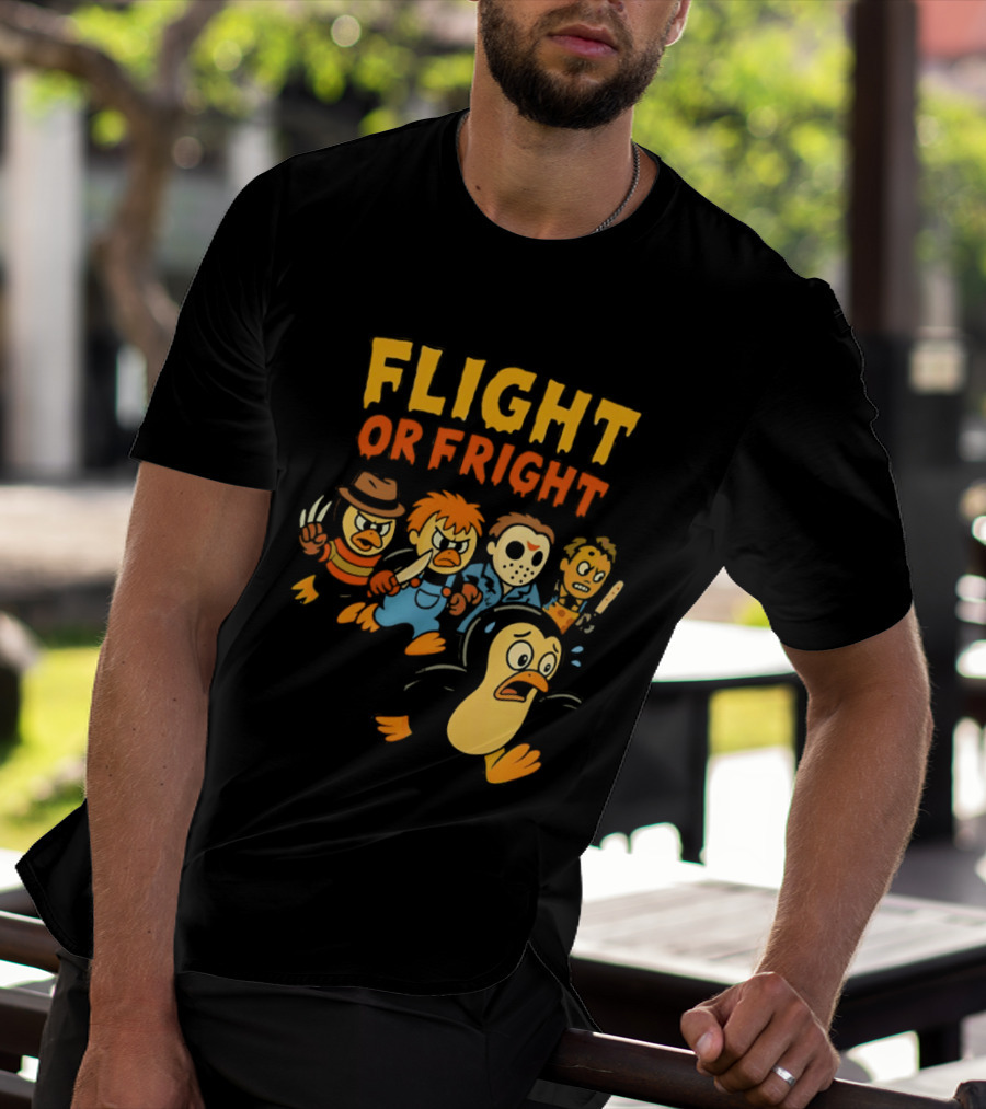 Flight Or Fright Penguin Horror Characters Comedy Mashup T-Shirt