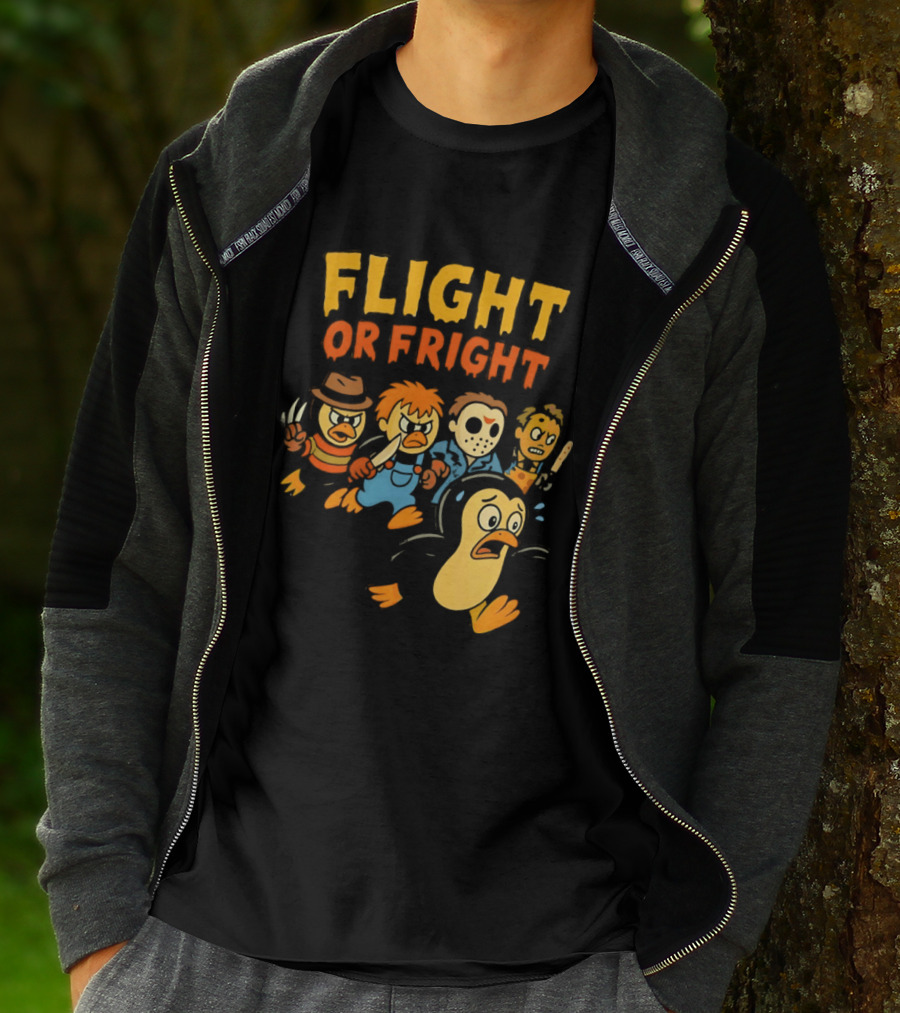 Flight Or Fright Penguin Horror Characters Comedy Mashup T-Shirt