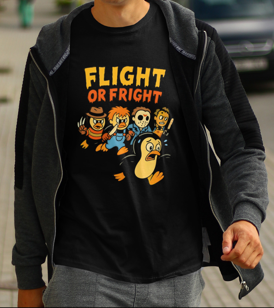 Flight Or Fright Penguin Horror Characters Comedy Mashup T-Shirt