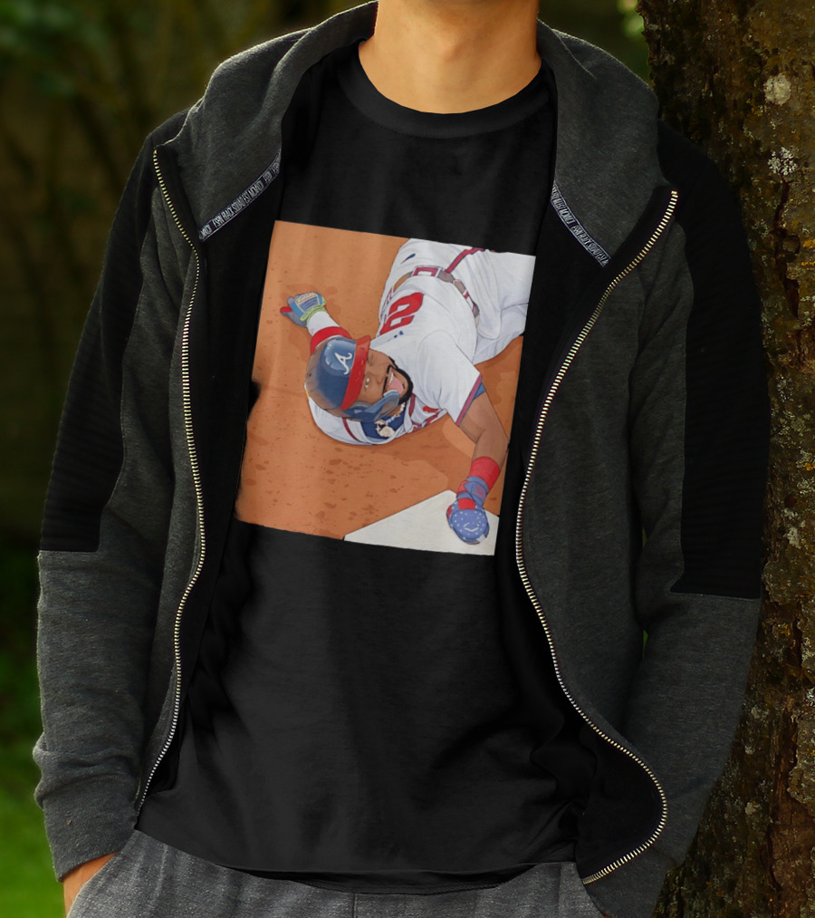 Ronald Acuna Jr Atlanta Braves Outfielder Sliding Baseball Action T-Shirt