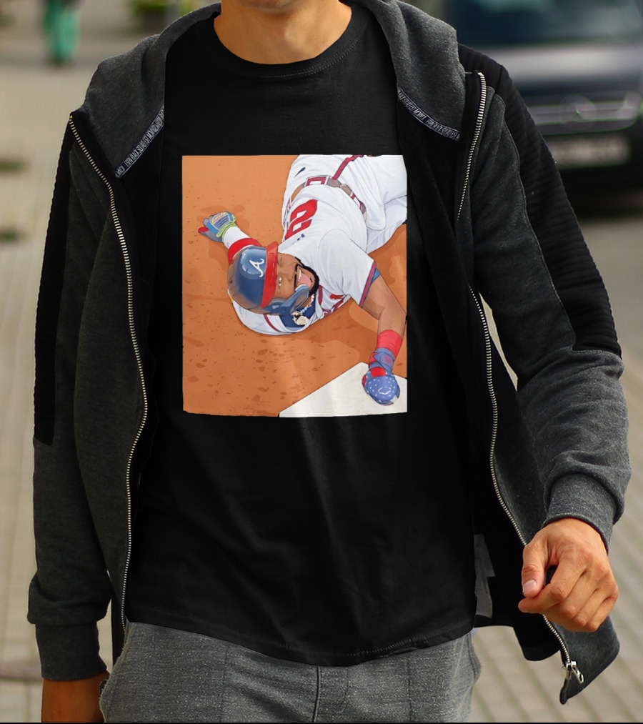 Ronald Acuna Jr Atlanta Braves Outfielder Sliding Baseball Action T-Shirt