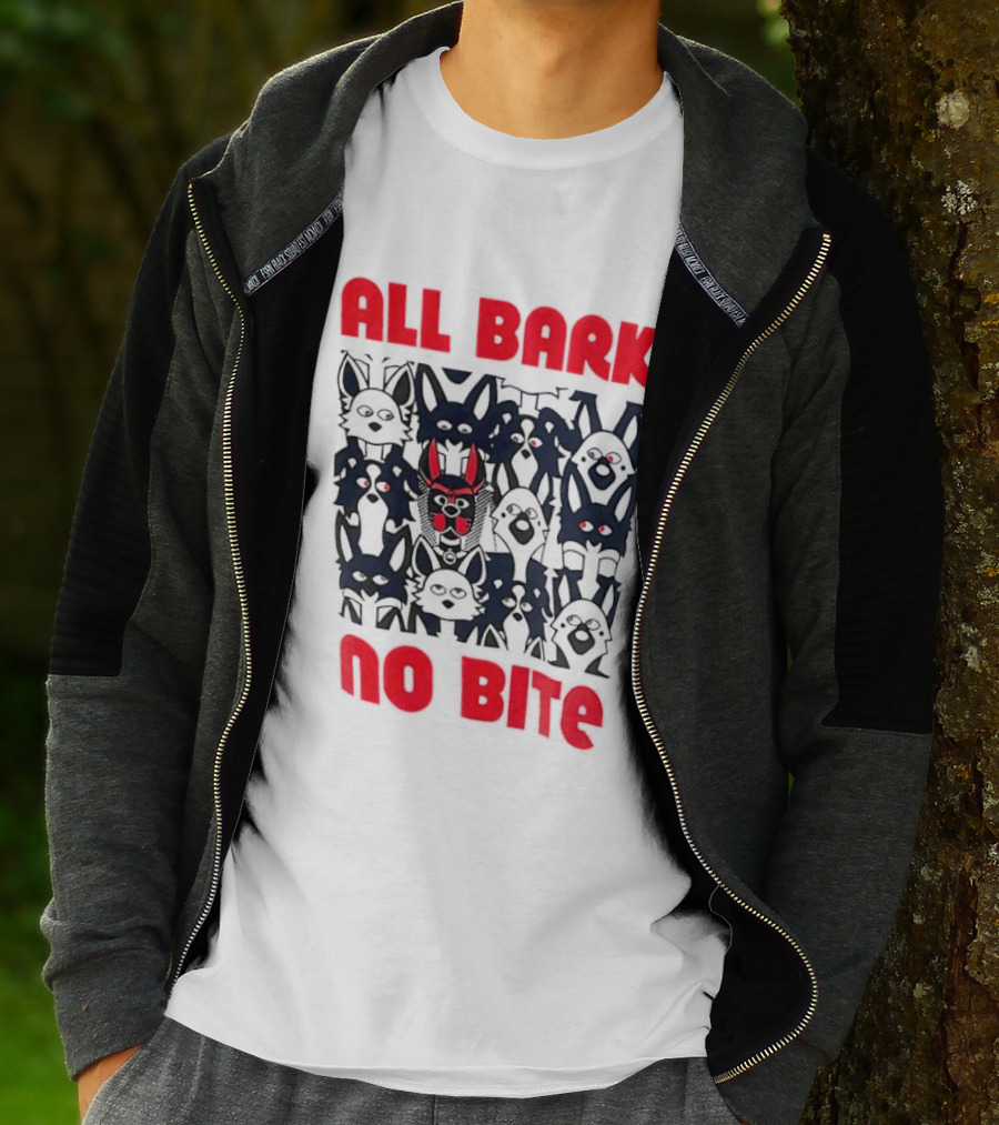 All Bark No Bite Bold Red Text Dark Canine Faces T-Shirt