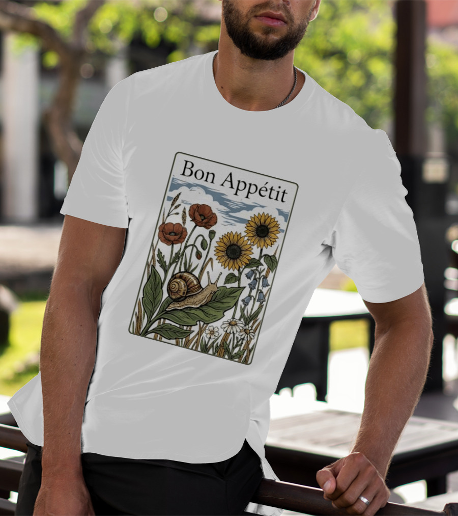 Bon Appétit Floral Snail Sunflowers And Poppies T-Shirt