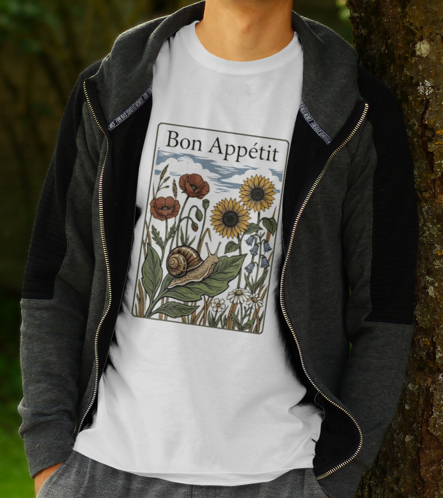 Bon Appétit Floral Snail Sunflowers And Poppies T-Shirt
