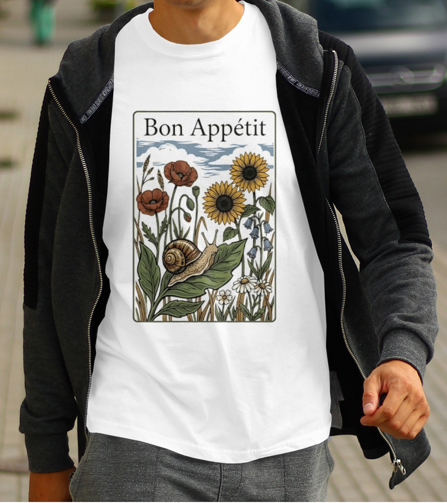 Bon Appétit Floral Snail Sunflowers And Poppies T-Shirt