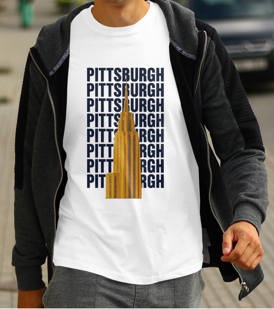 Pittsburgh Golden Tower Repeated Text Cityscape T-Shirt