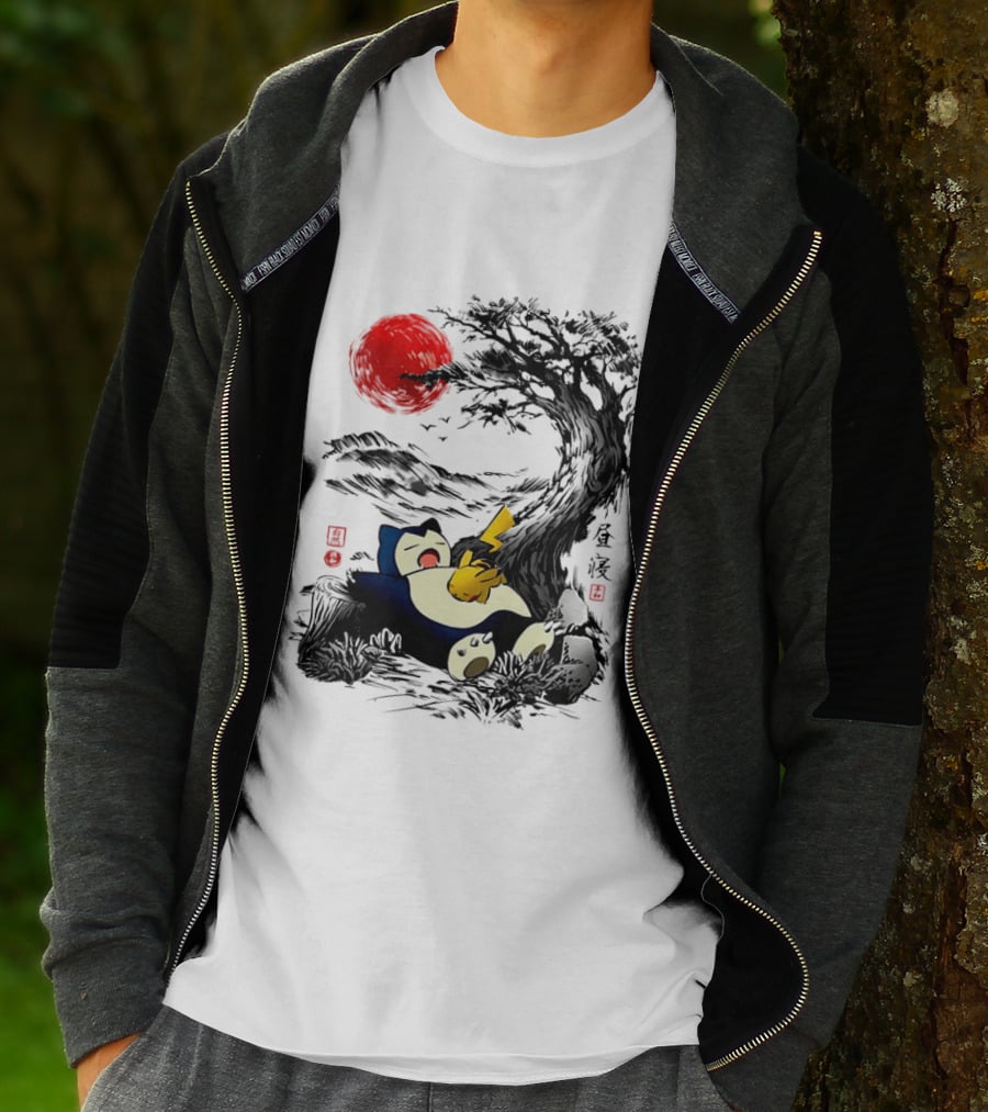 Snorlax Pikachu Napping Under Red Sun Tree T-Shirt