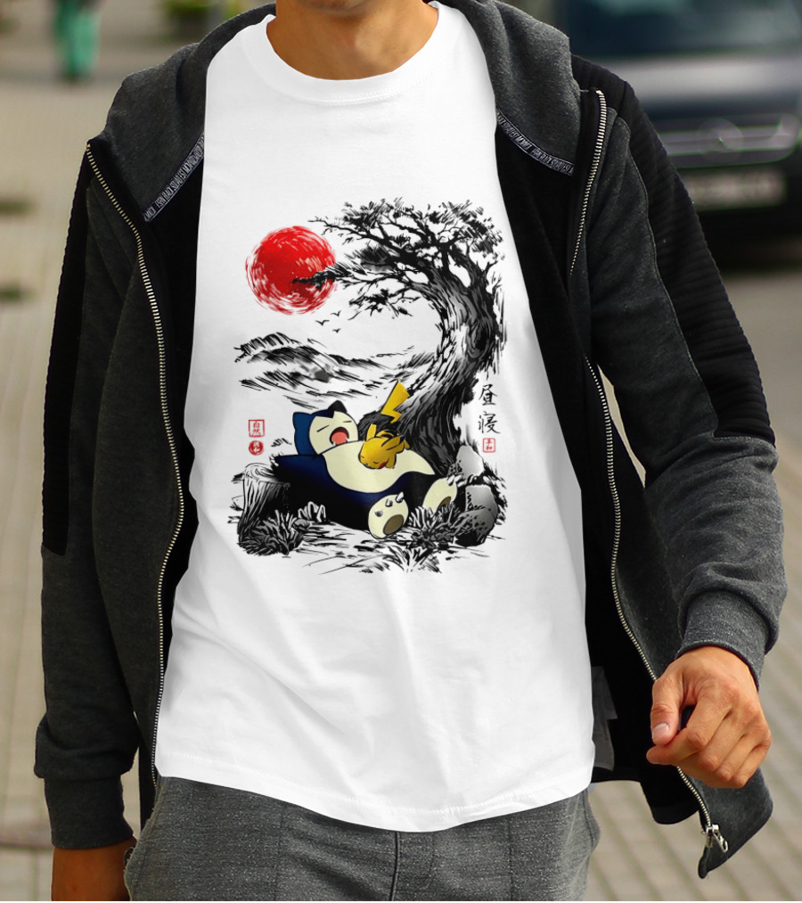 Snorlax Pikachu Napping Under Red Sun Tree T-Shirt