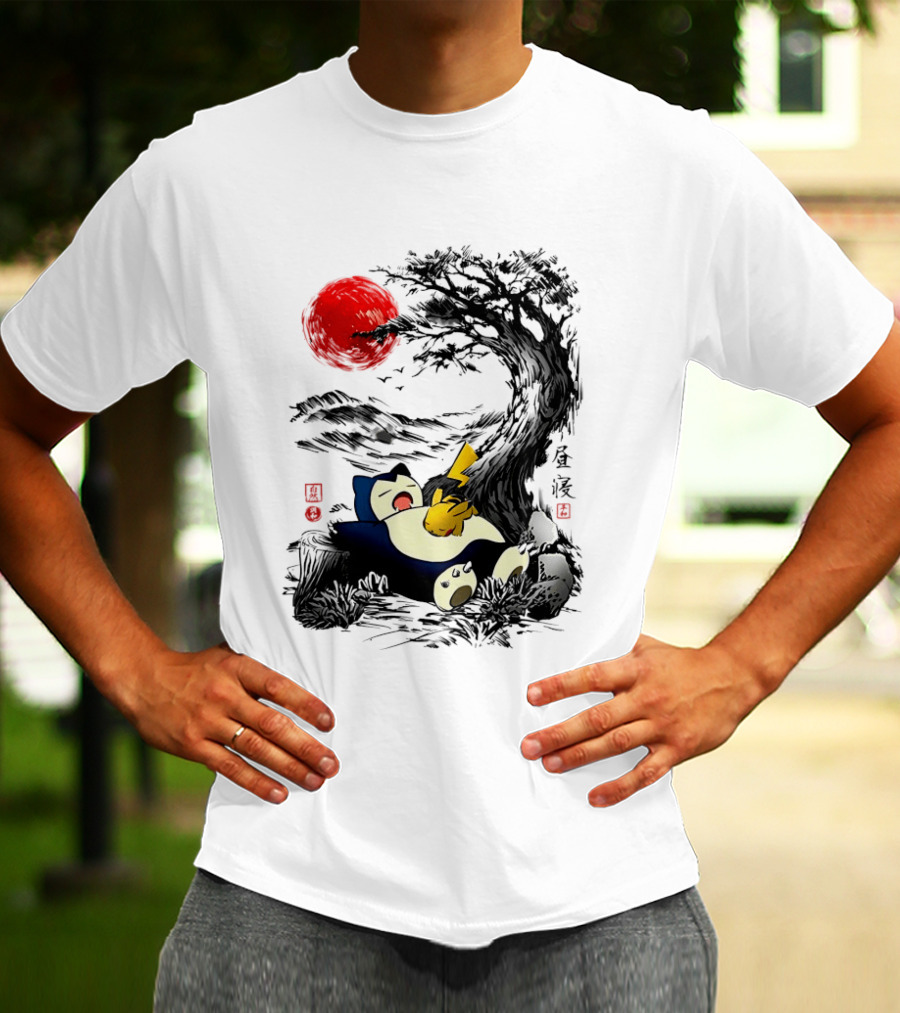Snorlax Pikachu Napping Under Red Sun Tree T-Shirt