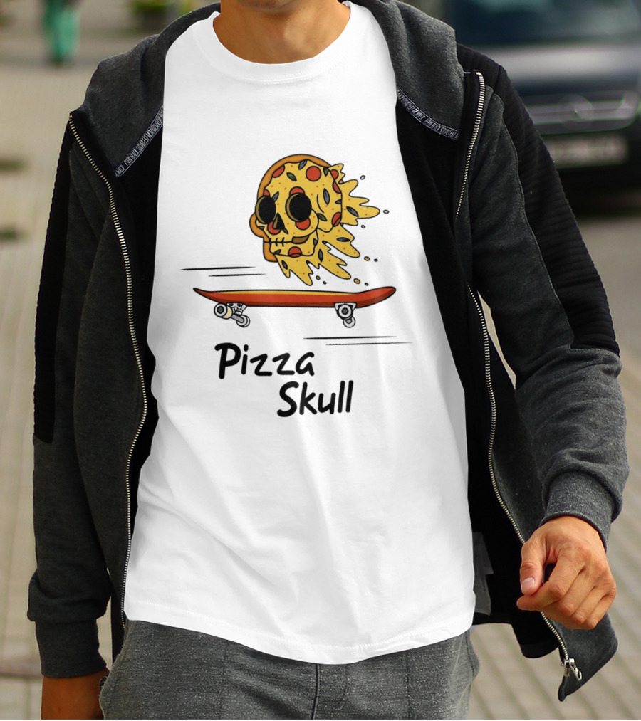 Pizza Skull Melting Slice Skateboard T-Shirt