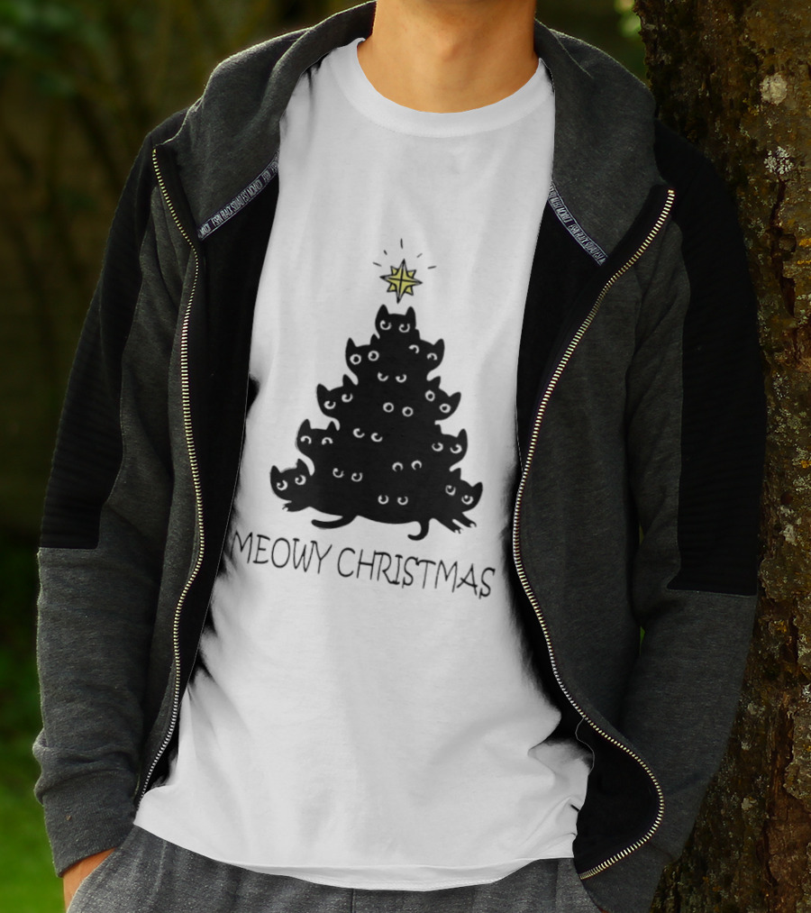 Black Cat Pine Tree Shape Meowy Christmas Star T-Shirt