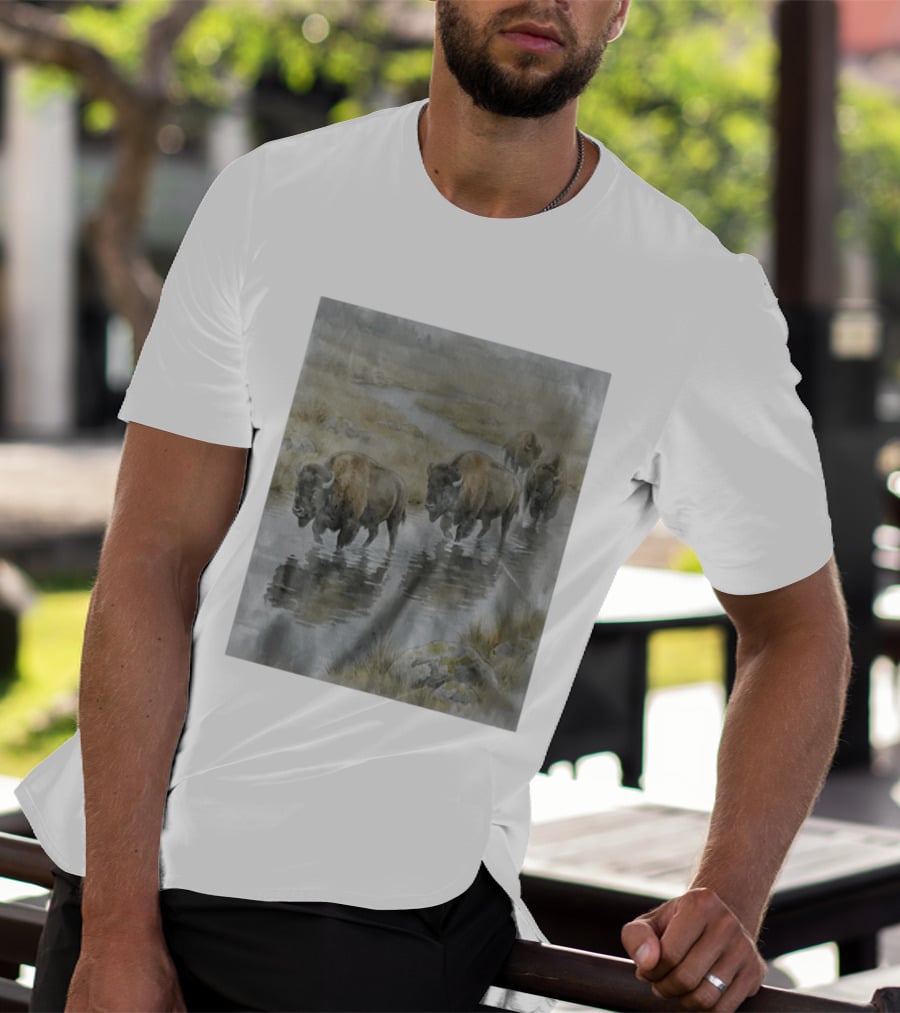 Bison Herd Crossing River On Prairie Landscape Scene T-Shirt