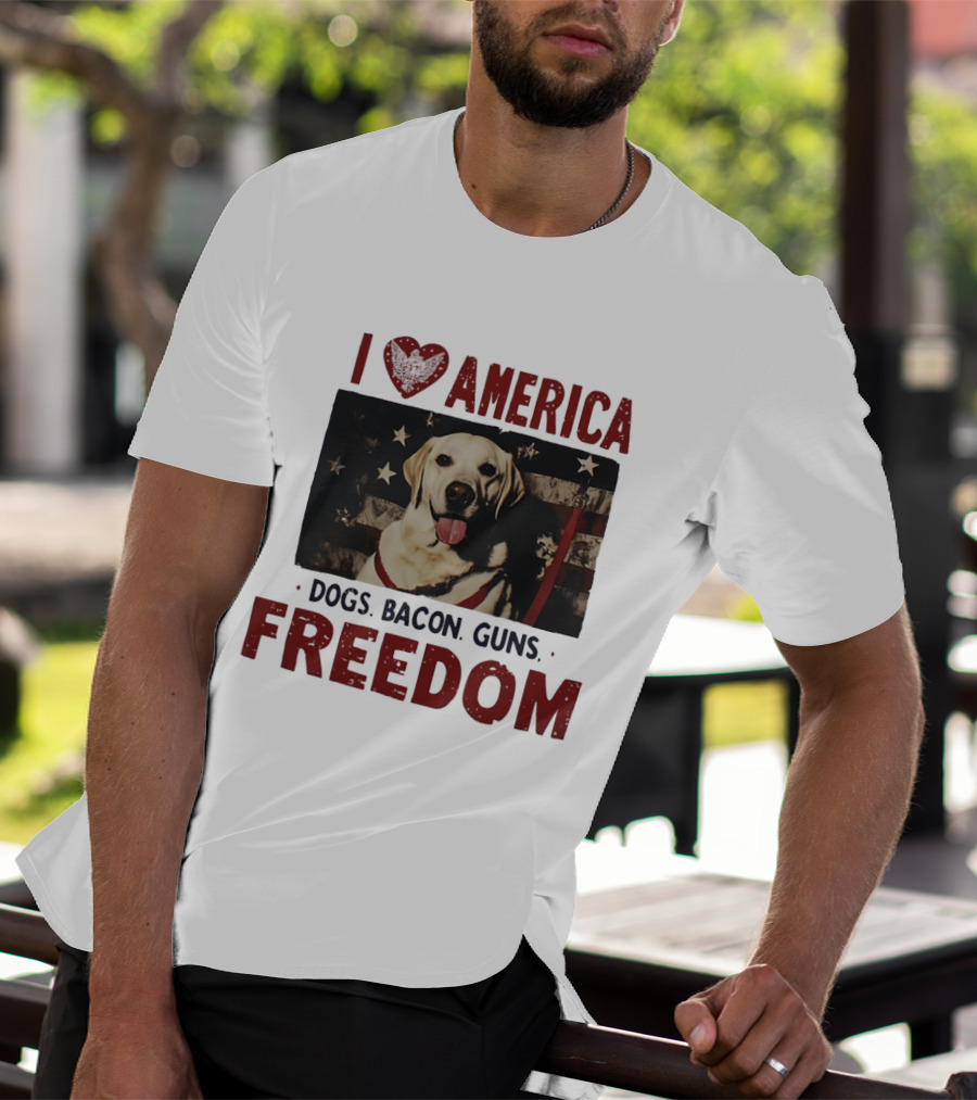 I Love America Dogs Bacon Guns Freedom Labrador Stars And Stripes T-Shirt