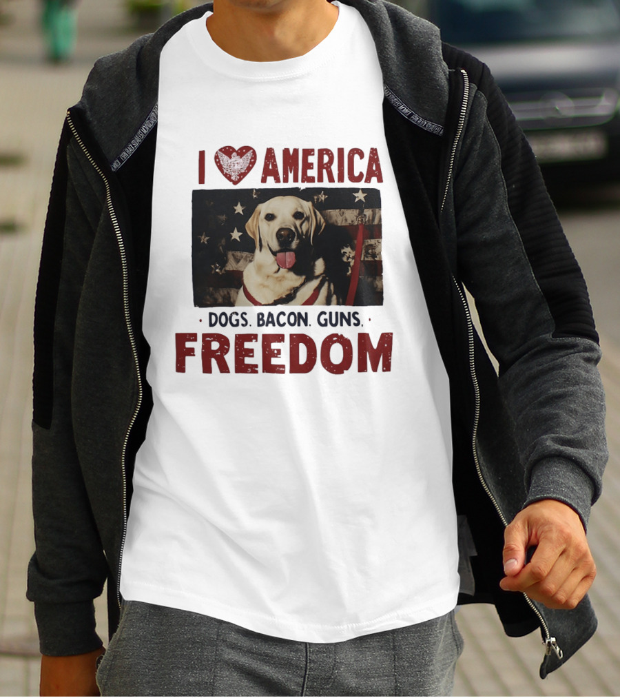I Love America Dogs Bacon Guns Freedom Labrador Stars And Stripes T-Shirt