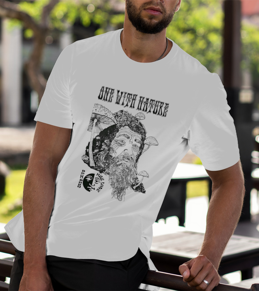 One With Nature Mushroom Face With Beard And Mushrooms T-Shirt