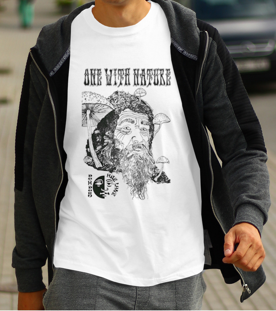 One With Nature Mushroom Face With Beard And Mushrooms T-Shirt