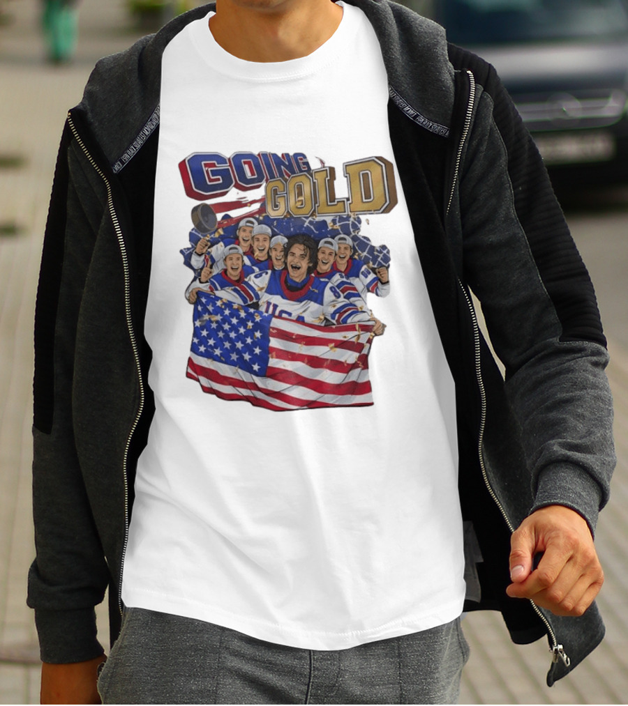 GOING GOLD USA Hockey Team Celebration With Flag T-Shirt