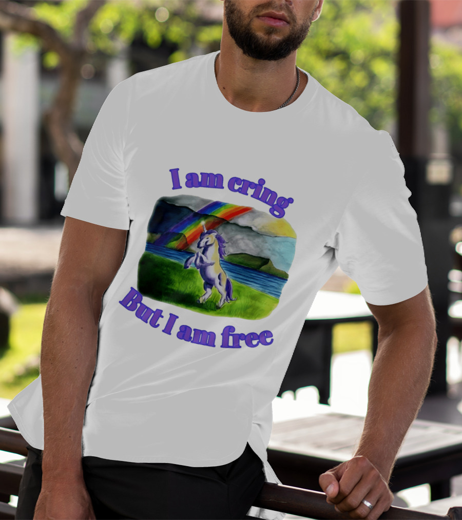 Unicorn I Am Cringe But I Am Free Rainbow Meadow T-Shirt