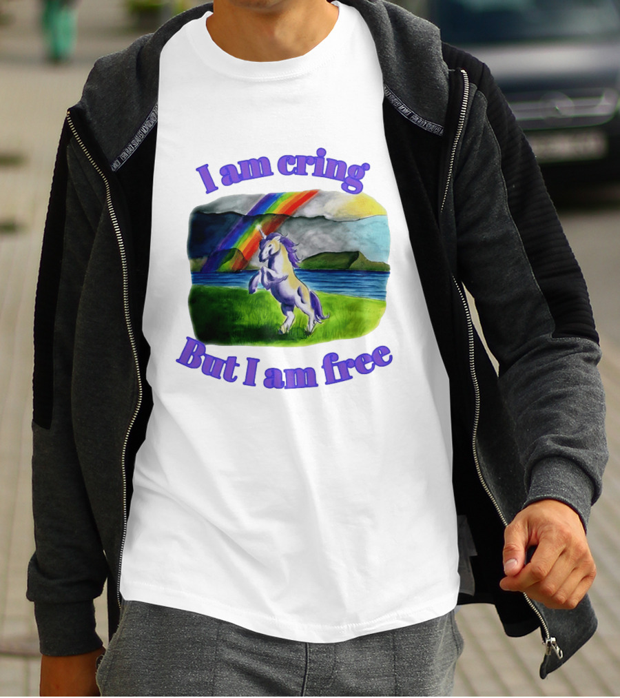 Unicorn I Am Cringe But I Am Free Rainbow Meadow T-Shirt