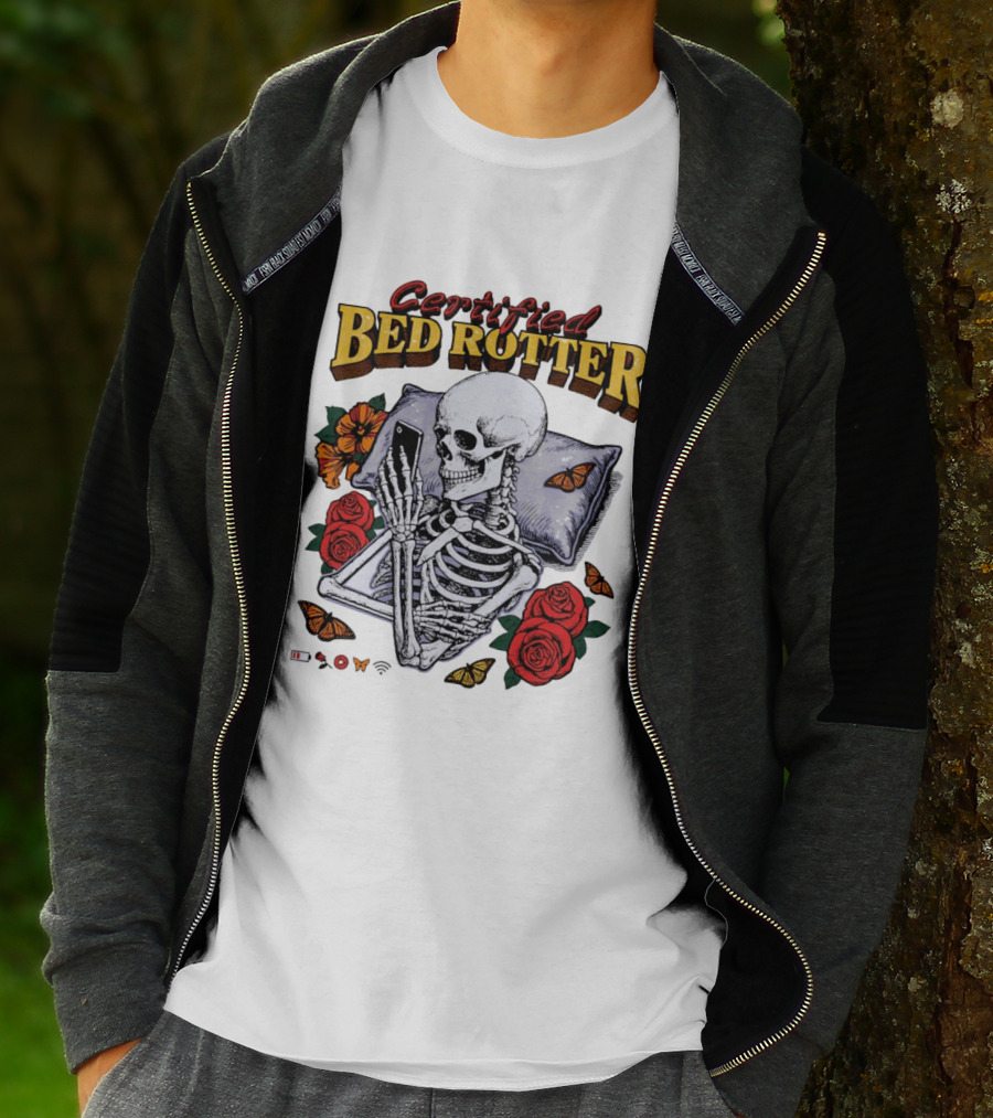 Certified Bed Rotter Skeleton Smartphone Butterfly Rose T-Shirt