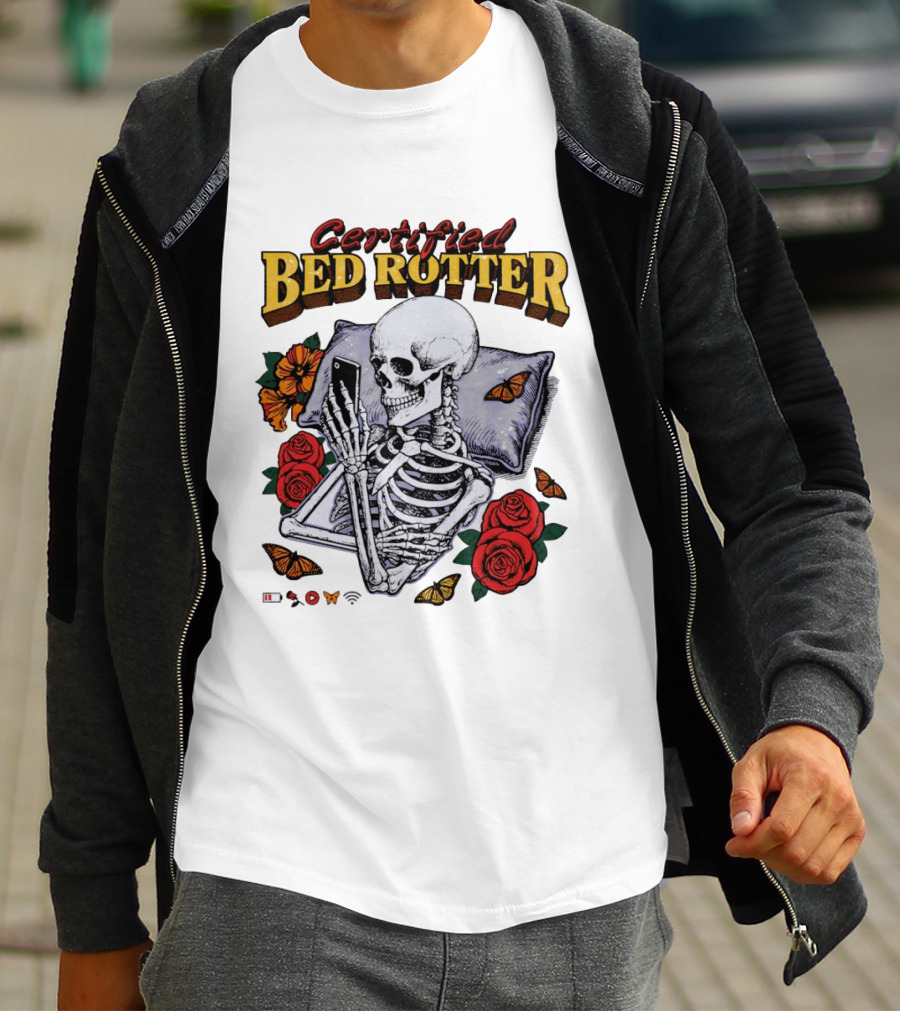 Certified Bed Rotter Skeleton Smartphone Butterfly Rose T-Shirt