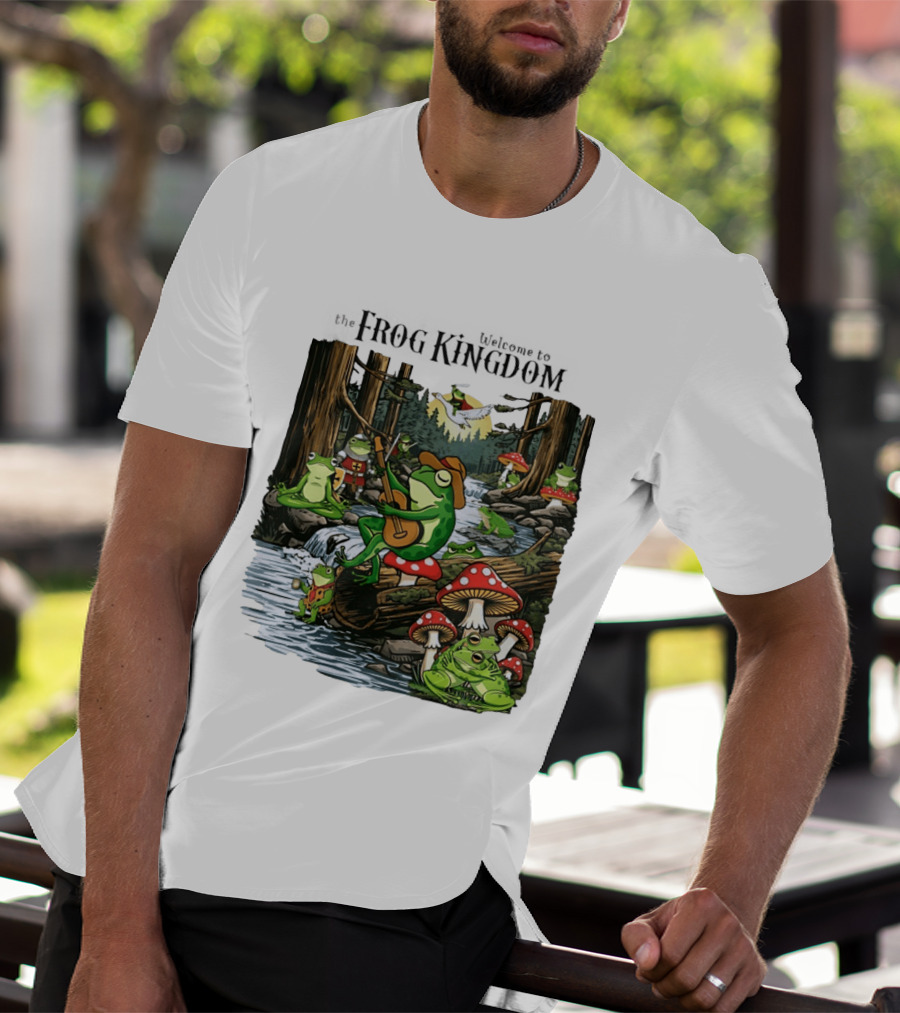 Frog Playing Guitar Forest Gathering Welcome To The Frog Kingdom T-Shirt