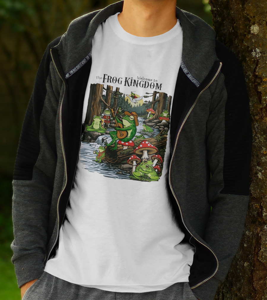 Frog Playing Guitar Forest Gathering Welcome To The Frog Kingdom T-Shirt