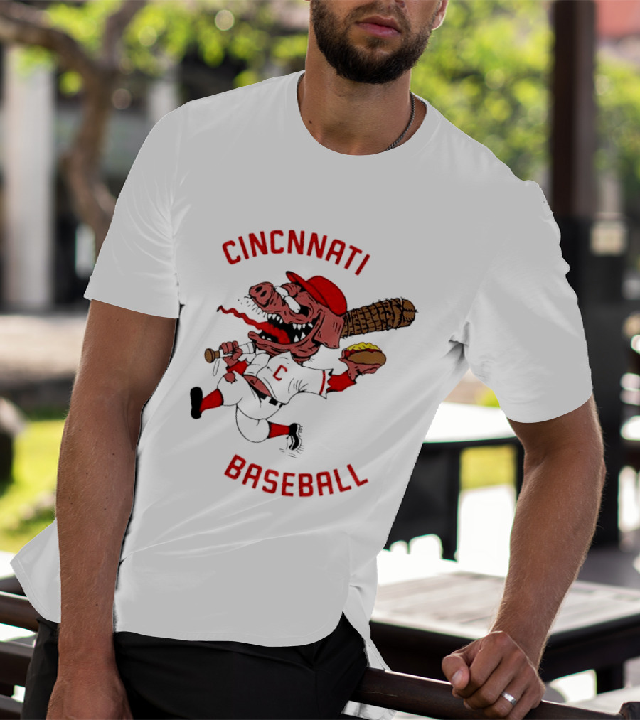 Cincinnati Baseball Pig Holding Hot Dog Bat T-Shirt