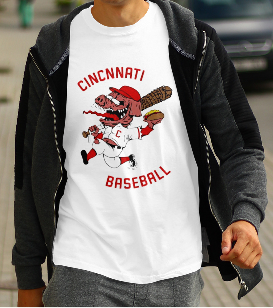 Cincinnati Baseball Pig Holding Hot Dog Bat T-Shirt