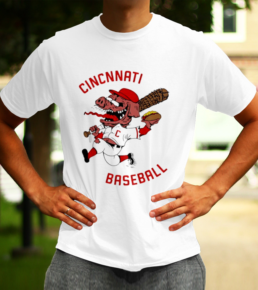 Cincinnati Baseball Pig Holding Hot Dog Bat T-Shirt
