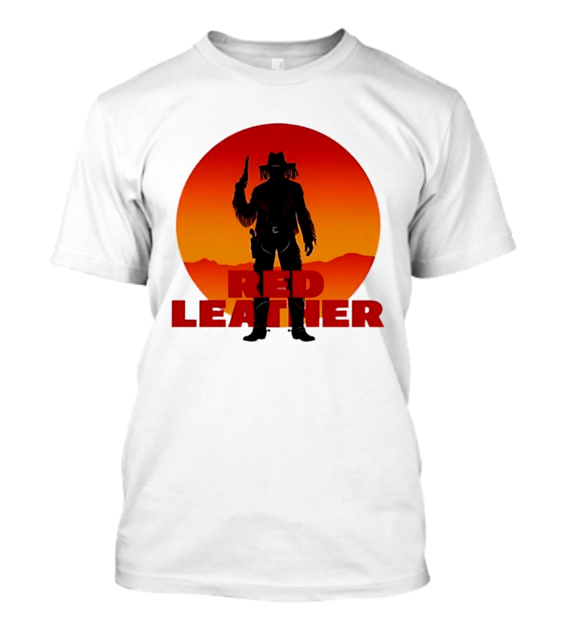 Red Leather Cowboy Sunset Silhouette With Gun And Hat In Desert T-Shirt