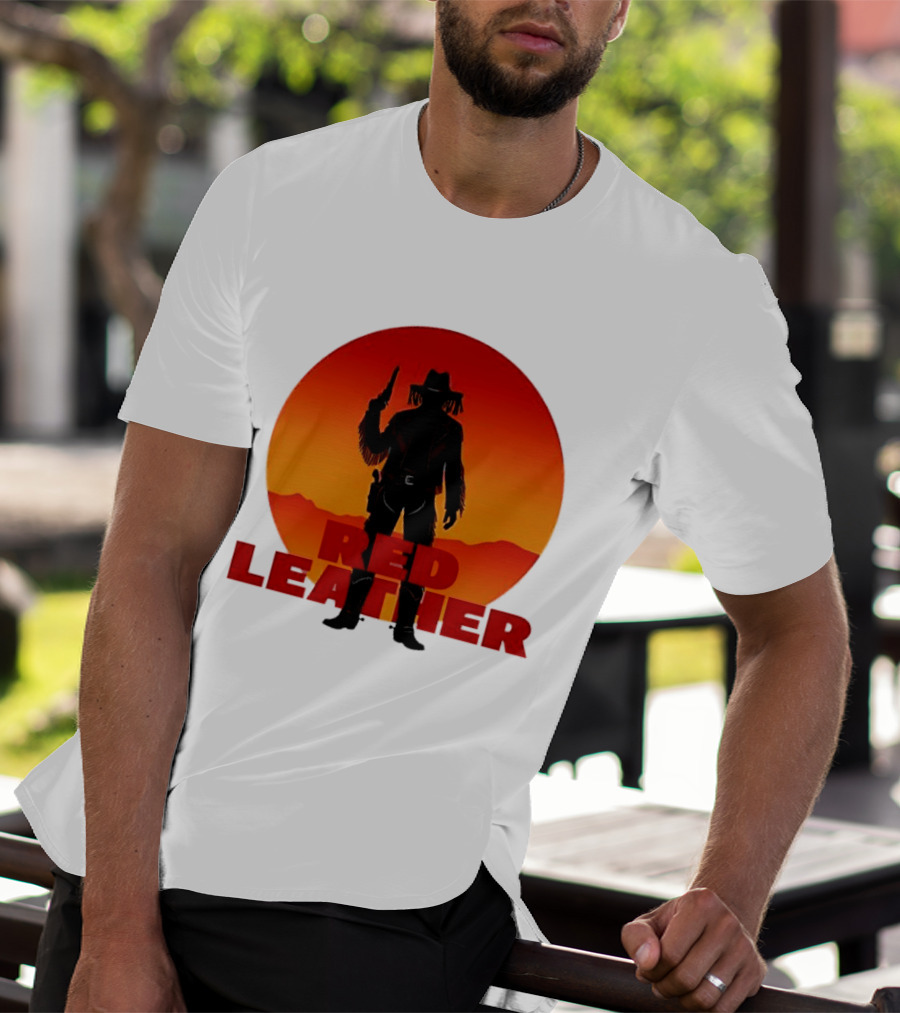 Red Leather Cowboy Sunset Silhouette With Gun And Hat In Desert T-Shirt