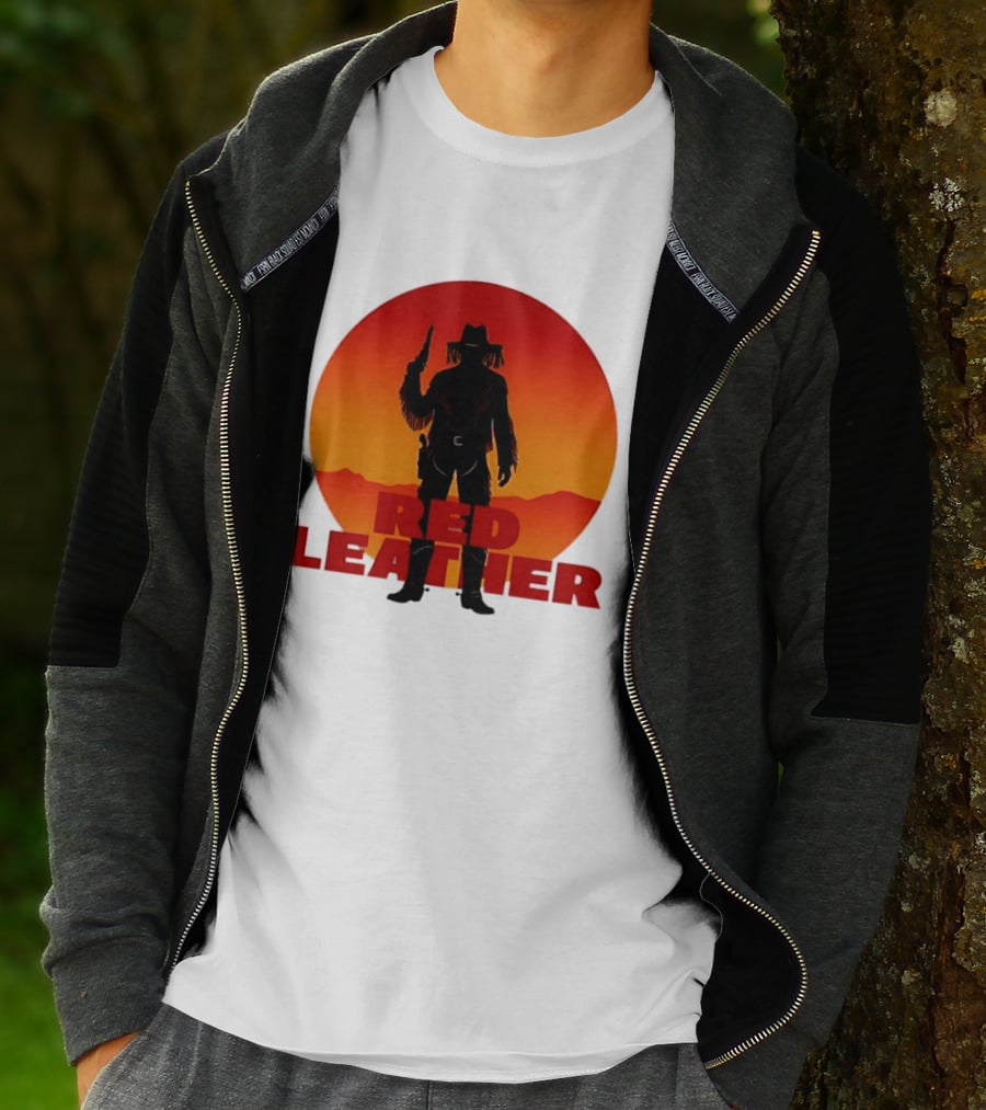 Red Leather Cowboy Sunset Silhouette With Gun And Hat In Desert T-Shirt