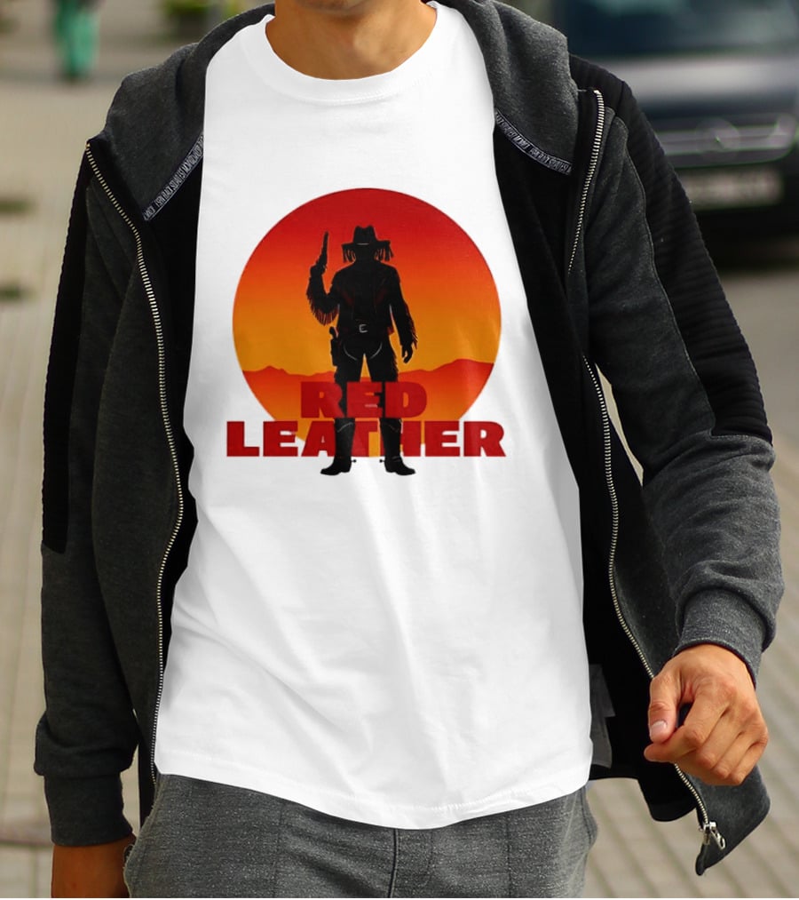 Red Leather Cowboy Sunset Silhouette With Gun And Hat In Desert T-Shirt