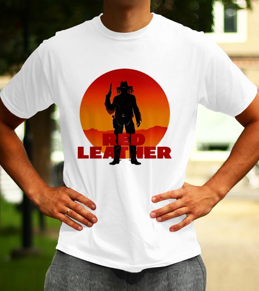 Red Leather Cowboy Sunset Silhouette With Gun And Hat In Desert T-Shirt