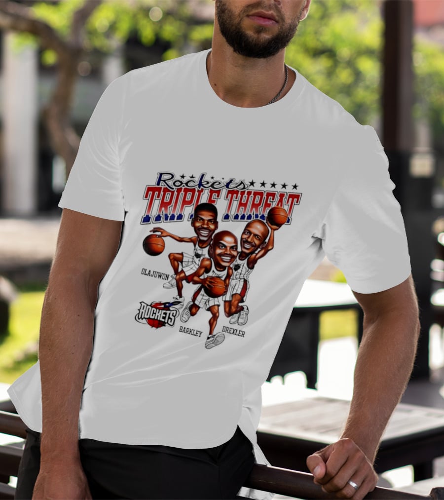 Hakeem Olajuwon Charles Barkley Clyde Drexler Rockets Triple Threat NBA Legends T-Shirt