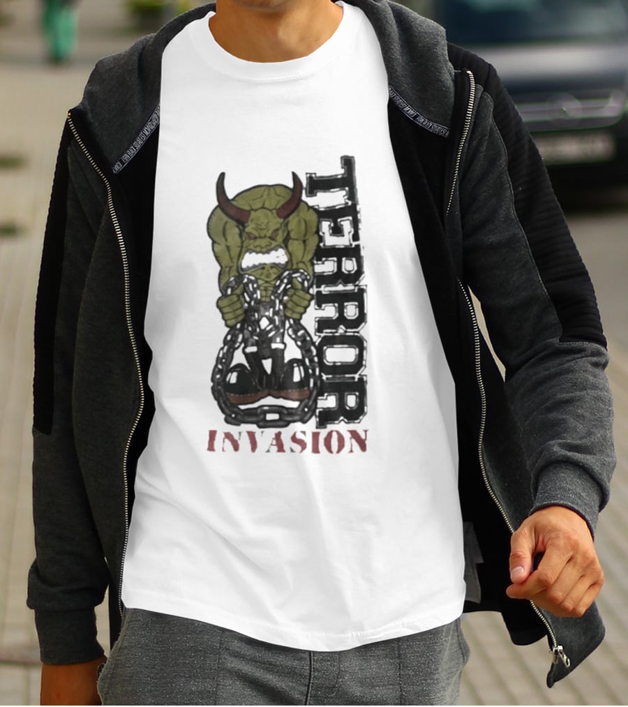 Terror Invasion Demon Holding Chains Warrior Monster T-Shirt
