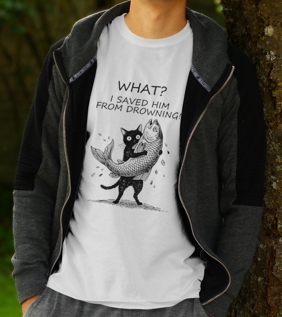What I Saved Him From Drowning Black Cat Holding Fish T-Shirt