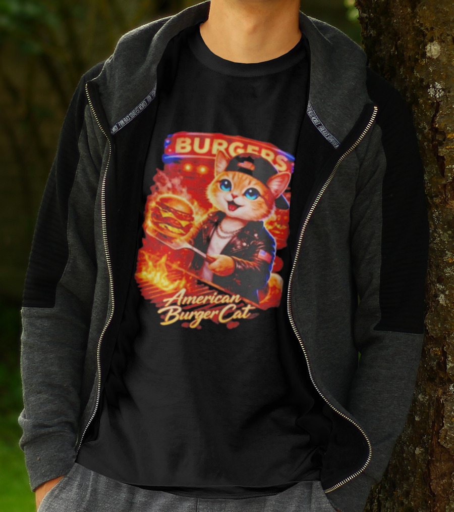 Burgers Flame Grilling American Burger Cat Fun T-Shirt