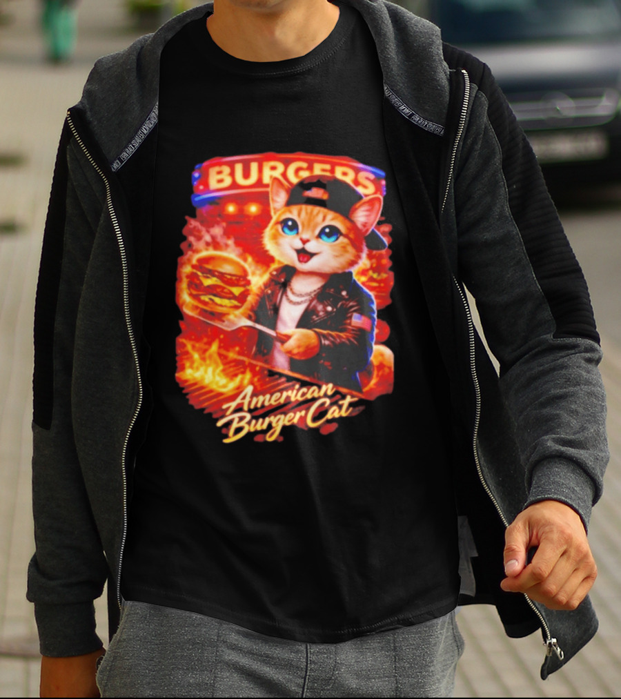 Burgers Flame Grilling American Burger Cat Fun T-Shirt