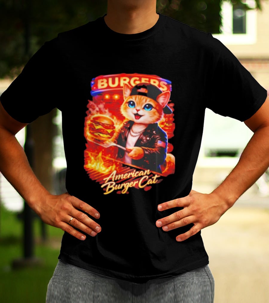 Burgers Flame Grilling American Burger Cat Fun T-Shirt