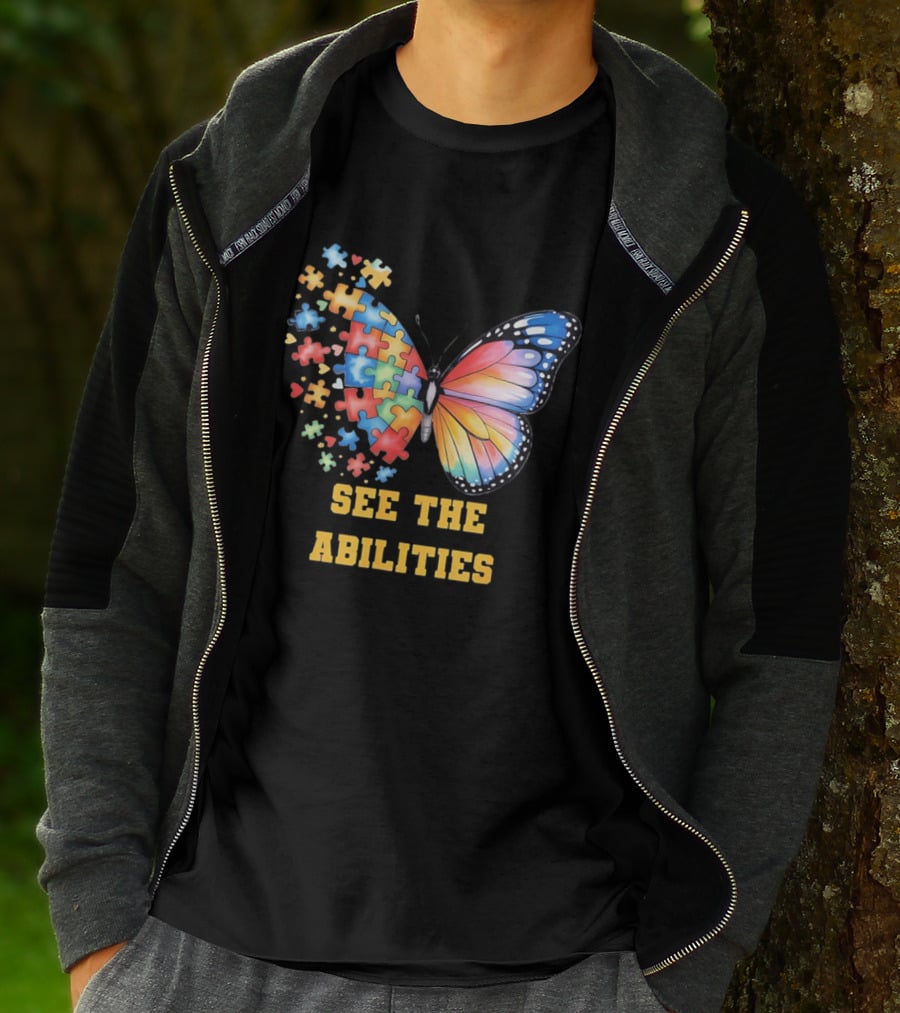 Butterfly Puzzle Pieces Autism Awareness See The Abilities T-Shirt