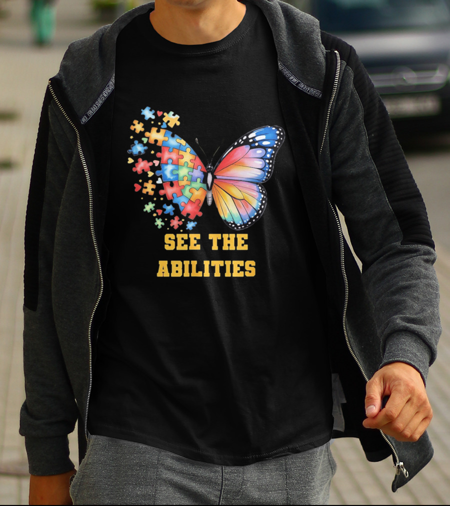 Butterfly Puzzle Pieces Autism Awareness See The Abilities T-Shirt