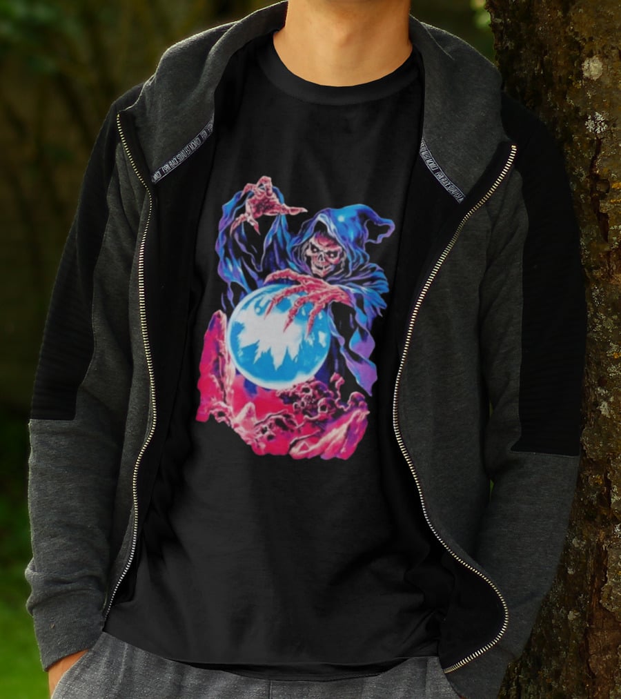 Grim Reaper Crystal Ball Skull Mystical Skeleton Hooded Cloak T-Shirt