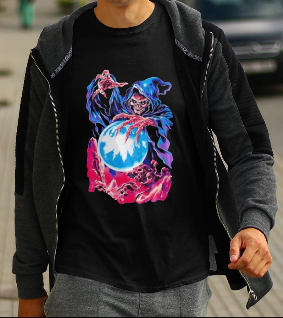Grim Reaper Crystal Ball Skull Mystical Skeleton Hooded Cloak T-Shirt