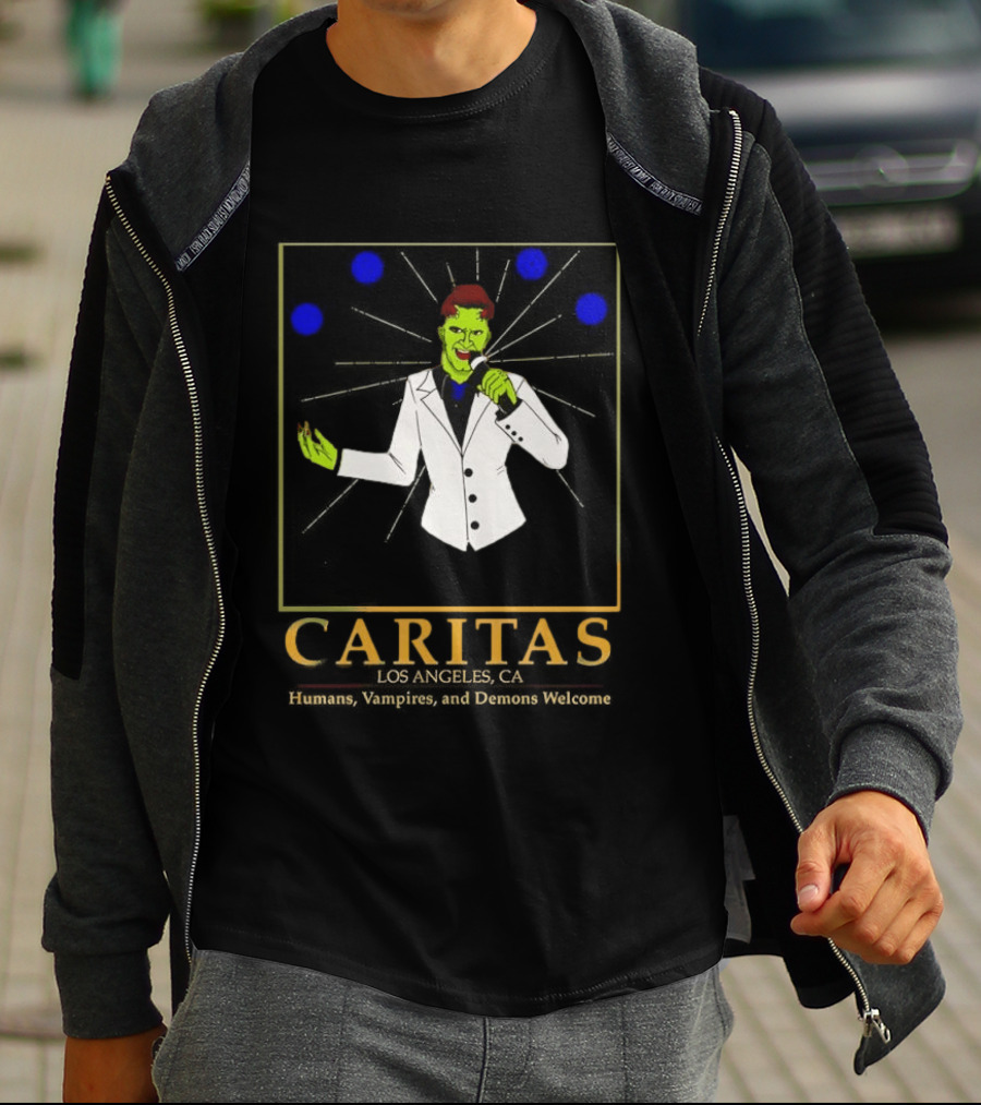 Caritas Los Angeles CA Humans Vampires Demons Welcome Singer In White Suit T-Shirt