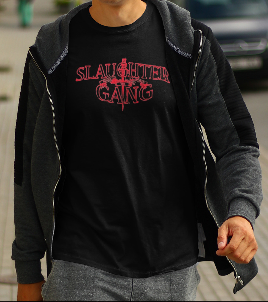 Slaughter Gang Red Text With Crossed Rifles T-Shirt