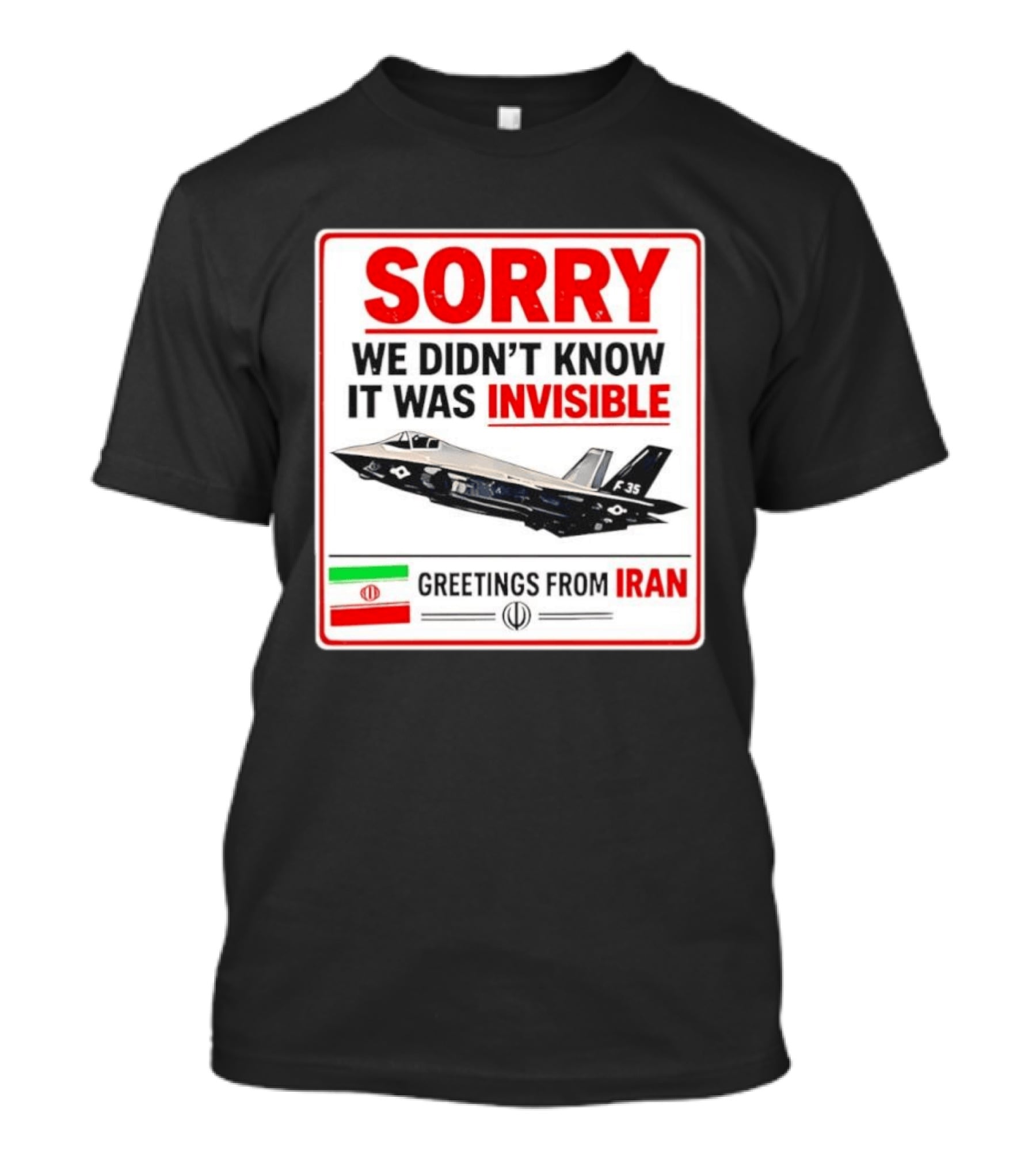 Sorry We Didn't Know It Was Invisible F 35 Fighter Jet Greetings From Iran T-Shirt