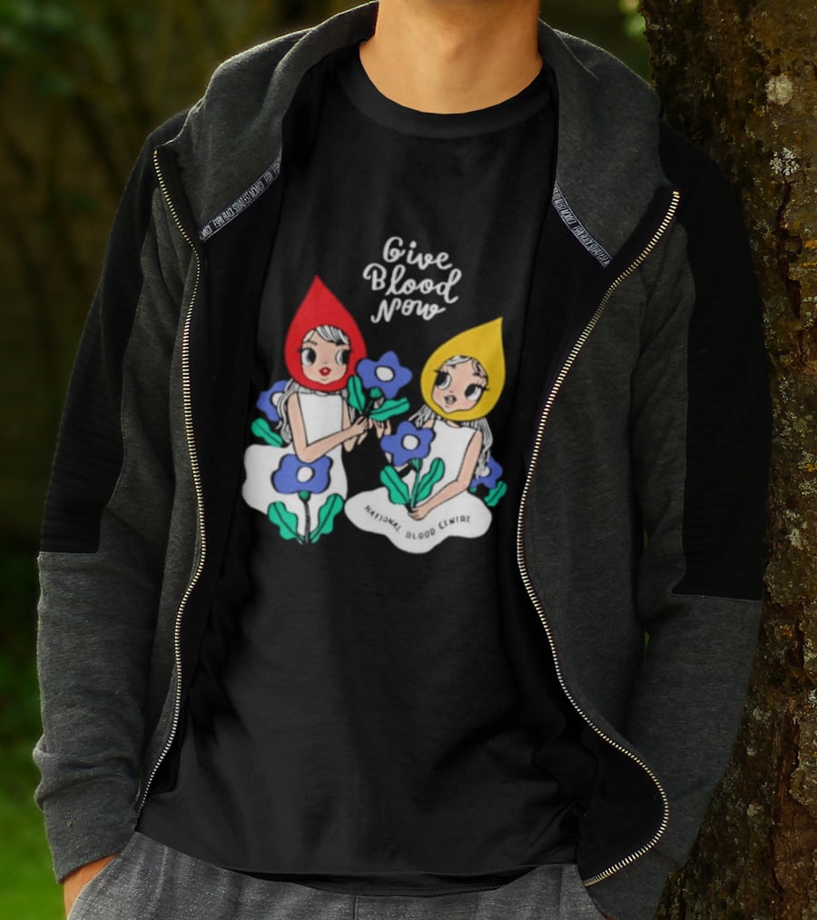 Give Blood Now National Blood Centre Cartoon Girls With Flowers T-Shirt